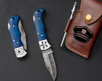 Personalized Damascus Folding Knife Handmade Police Retirement Custom for Police Dad