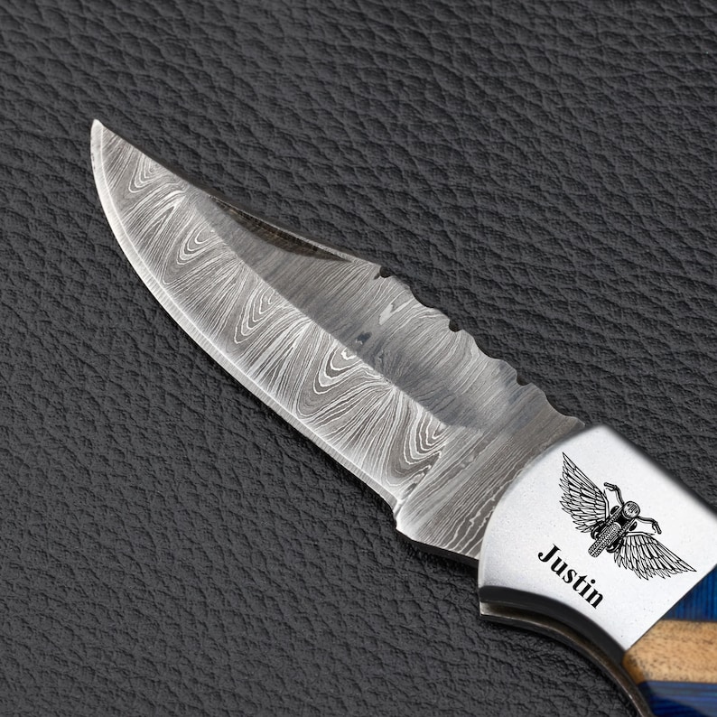 Personalized Motorcycle Pocket Knife, Handmade Damascus Knife, Custom Biker Gift, Motorcycle Rider Gift, Unique Christmas Gift, Gift for Him