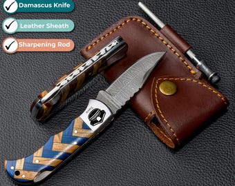 Damascus Folding Pocket Knife: Multiple Colors Wood Handle, Leather Sheath and Sharpening Rod