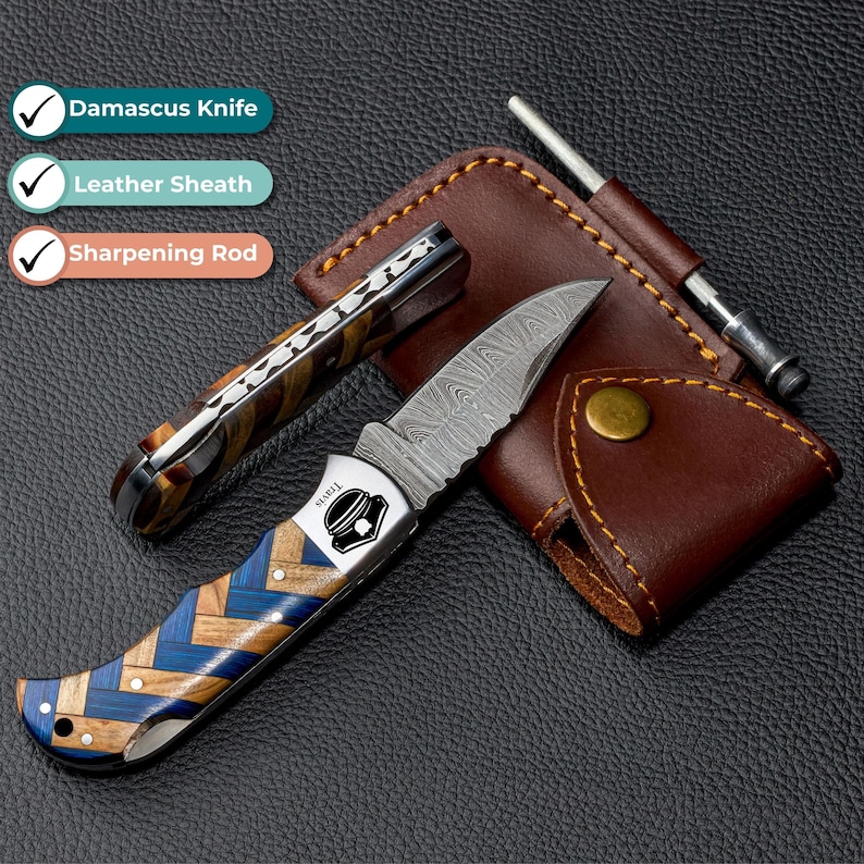 Damascus Folding Pocket Knife, Olive Wood Handle, Personalized Police Week Gift, Fathers Day Gift, Police Academy Graduation, Gift for Him