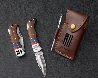 Damascus Folding Knife, Personalized Police Dad Gift, Promotion Retirement Gift for Him