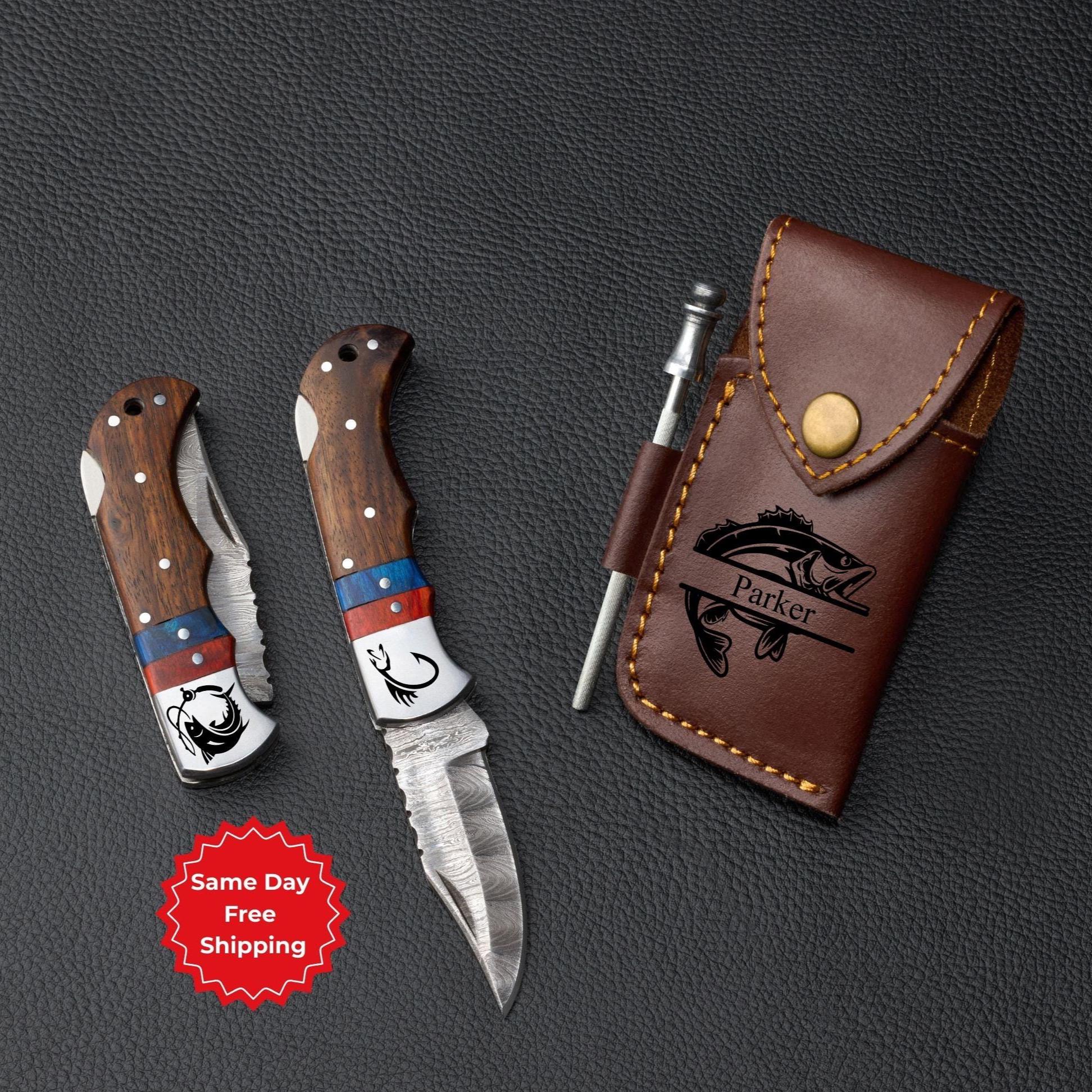 Engraved Damascus Folding Knife: Personalized Fisherman Gift with Leather Sheath