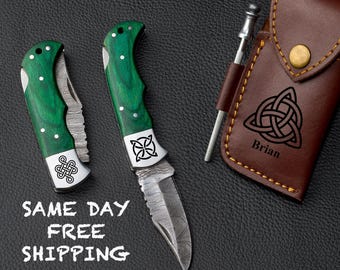 Handmade Damascus Steel Celtic Knife, Engraved Folding Pocket Knife, Custom Celtic Knot Gift for Men