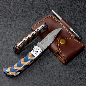 Damascus Pocket Knife, Personalized Police Officer Gift, Fathers Day Gift, Police Dad Gifts, Retired Police Gift, Handmade Folding Knife