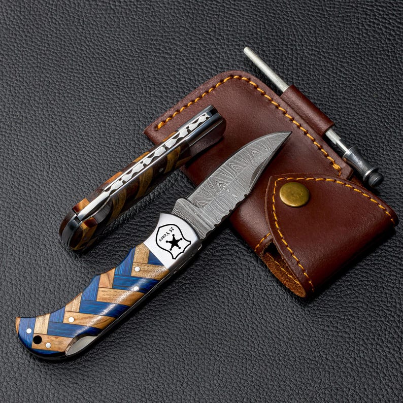 Damascus Pocket Knife, Personalized Police Officer Gift, Fathers Day Gift, Police Dad Gifts, Retired Police Gift, Handmade Folding Knife