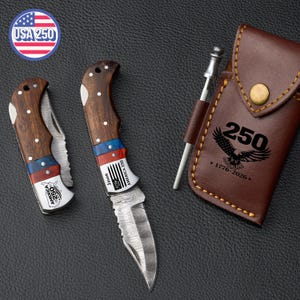 Engraved Damascus Pocket Knife, Customized US 250th Anniversary Gift, Personalized Independence Day Gift