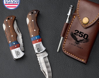 Engraved Damascus Pocket Knife, Customized US 250th Anniversary Gift, Personalized Independence Day Gift