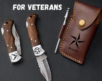 Handmade Memorial Day Gift, Engraved Damascus Pocket Knife, Personalized Military Gift for Him