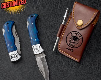 Regalo personalizado para la promoción de 2026, navaja plegable de acero de Damasco, regalo de graduación para él, regalo personalizado para estudiantes de último año, ¡Lo lograste en 2026!