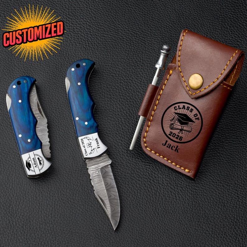 Custom Class of 2026 Gift, Damascus Folding Pocket Knife, Graduation Gift for Him, Personalized Gift Senior Gift, You Did It 2026
