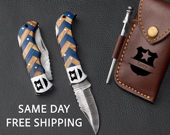 Engraved Damascus Folding Knife, Personalized Police Officer Gift