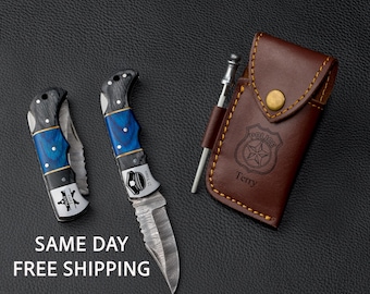 Handmade Damascus Folding Pocket Knife, Personalized Police Officer Gift, Customized Retirement Gift