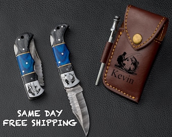 Personalized Fisherman Gift Engraved Damascus Pocket Knife Blue Black Color Handle