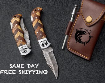 Handmade Damascus Fishing Knife: Engraved Wood Handle, Leather Sheath