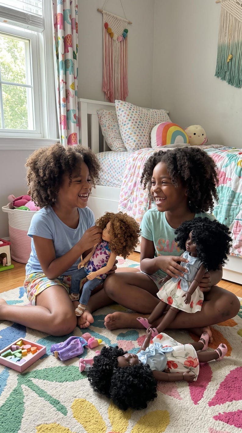 May include: Three dolls with textured hair and detailed outfits. One doll has light brown hair and wears a patterned top with blue jeans. Two dolls have black hair and wear light blue tops with floral skirts. The dolls feature articulated limbs.