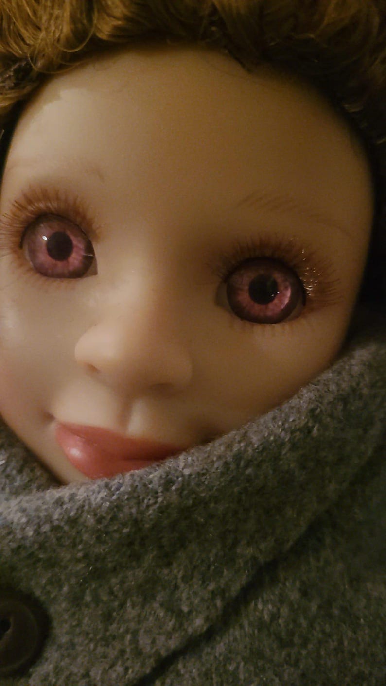 May include: A doll with a smooth, light-toned face, pinkish-purple eyes, and long brown eyelashes. The doll has brown hair and is wearing a thick, textured grey coat with a high collar that partially covers the lower portion of the face.