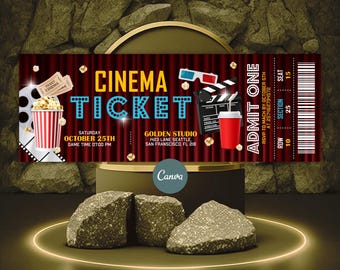 Faire-part d'anniversaire modifiable pour une soirée cinéma, billet pour une soirée cinéma, soirée billet de cinéma, style billet moderne