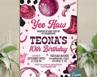 Invitación de cumpleaños de vaquera, fiesta de Nashville, invitación de fiesta de vaquera rosa, cumpleaños de vaquera espacial, invitación de rodeo disco, plantilla de Canva editable