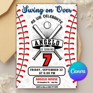 Invitation de fête d'anniversaire de baseball, invitation d'anniversaire de sport, swing sur, recrue de l'année, numérique modifiable imprimable