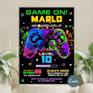 Editable Neon Game On Level Up Gaming Birthday Party Invitation, Video Game Birthday Invitation, Glow Game Party Printable Canva Template