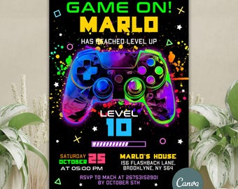 Editable Neon Game On Level Up Gaming Birthday Party Invitation, Video Game Birthday Invitation, Glow Game Party Printable Canva Template