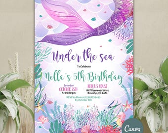 May include: Purple and pink mermaid tail illustration with a white background. The text "Under the sea" and "To Celebrate" are at the top of the invitation. The text "Nella's 5th Birthday" is in a larger font and is centered below the mermaid tail. The invitation includes details for the birthday party, including the date, time, and location. The text "RSVP to Mom at 12389756463 by October 5th" is at the bottom of the invitation.