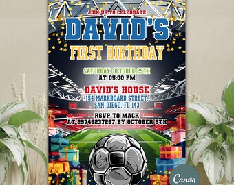 Soccer Birthday Invitation, Footbal Birthday Party Invitation, Soccer Party Invite, Kids Birthday Cards, Any Age Birthday Invite Editable