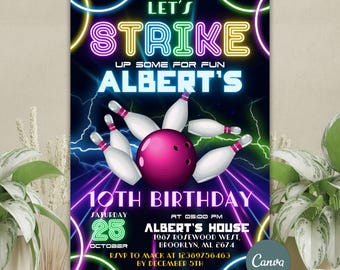 Bowling Birthday Invitation, Neon Bowling Party Invite, Glow Bowling Invitation, Strike Up Some Fun, Any Age Birthday Party Invite