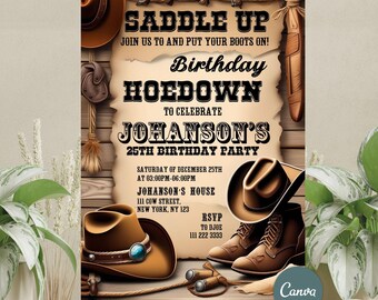 Country Western Invitation, Cowboy Birthday Invitation,Saddle Up And Put Your Boots On, Rustic Wood, Cowboy Hat and Lasso, Editable Cowboy