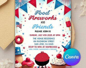 Invitación a barbacoa del 4 de julio, invitación a barbacoa del Día de la Independencia, invitación a fiesta en EE. UU., comida y fuegos artificiales del 4 de julio, Canva digital
