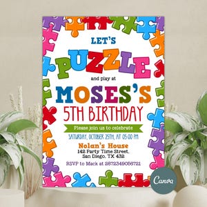 Invitación de cumpleaños con rompecabezas, invitación a fiesta de Game Time, juegos de rompecabezas para niños, invitaciones con piezas de rompecabezas, invitación de cumpleaños para niñas y niños, plantilla de Canva