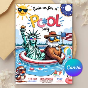 4th of July Pool Party Invitation, Independence Day Pool Party Patriotic Invite, Pool Invitation, Instant Download, Editable Canva Template