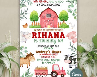 Farm Birthday Invitation, Farm Animals Birthday Party Invite, Barnyard Invitation, Ranch Kids Birthday Invitation, Instant Download