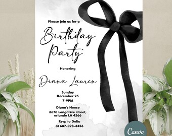 Editable Black Bow Birthday Invitation, Coquette Black Bow Invitation, Watercolor Black Ribbon, Coquette Invite, Any Age invitation