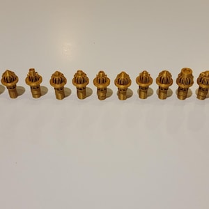 May include: A row of 18 gold-coloured metal nozzles, all identical in design. The nozzles have a decorative, intricate pattern and a rounded top.