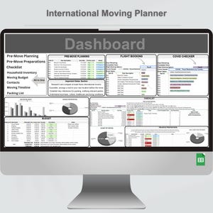 Puede incluir: Una pantalla de computadora que muestra una hoja de cálculo con un tablero para la planificación de mudanzas internacionales. El tablero incluye secciones para la planificación previa a la mudanza, la reserva de vuelos, el verificador de COVID, la lista de verificación, el presupuesto y el conteo de estado. La hoja de cálculo está organizada con tareas, fechas de vencimiento, niveles de prioridad y notas.