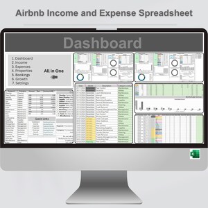 May include: A computer screen displaying a spreadsheet with the title "Airbnb Income and Expense Spreadsheet". The spreadsheet includes a dashboard with charts and graphs, a list of categories, and a monthly budget summary.