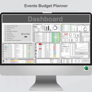 May include: A computer screen displaying a spreadsheet with the title "Events Budget Planner" and a dashboard with various charts and graphs. The spreadsheet includes columns for date, category, description, amount, paid, and received. The dashboard includes charts for budget summary, income summary, expense summary, and a timeline.