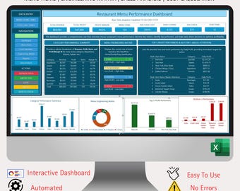 May include: A computer monitor displaying a restaurant menu performance dashboard. The screen shows data analysis, charts, and graphs related to menu items, sales, and costs. Text includes "Restaurant Menu Engineering Matrix & Profit Analyser."