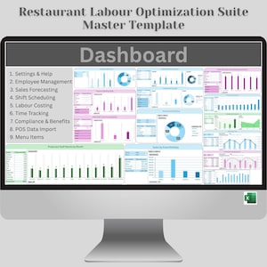 May include: A computer monitor showing a dashboard with data visualisations. The screen displays charts and graphs related to restaurant labour optimisation, including sales forecasting and employee management. Text at the top reads "Restaurant Labour Optimization Suite Master Template."