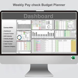 May include: A computer monitor displaying a budget planner interface. The screen shows a dashboard with various charts and tables for tracking income, bills, savings, and expenses. Text on the screen includes "Dashboard" and "Expense Categories."