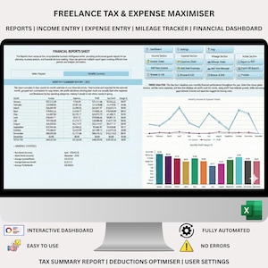 Könnte beinhalten: Ein Computerbildschirm zeigt ein Finanz-Dashboard mit Diagrammen und Tabellen. Der Text "FREELANCE TAX & EXPENSE MAXIMISER" steht oben. Zu den Funktionen gehören die Eingabe von Einnahmen, Ausgaben und ein Kilometerzähler. Zusätzlicher Text lautet "INTERAKTIVES DASHBOARD" und "VOLLAUTOMATISIERT."