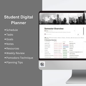 May include: A screenshot of a digital student planner app with a semester overview. The app shows a list of courses, assignments, exams, and deadlines. The app also includes a calendar, a timeline, and a chart.