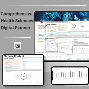 Könnte beinhalten: Ein digitaler Planer für Studenten der Gesundheitswissenschaften. Der Planer verfügt über ein Master-Dashboard, einen Hauptbereich und ein Protokoll für Verfahren. Der Planer soll Studenten helfen, organisiert zu bleiben und ihren Studienfortschritt zu verfolgen.