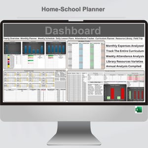 Puede incluir: Un monitor de computadora que muestra un panel de control de "Home-School Planner". La pantalla muestra varios gráficos y tablas de datos para el seguimiento de las actividades escolares, incluyendo gastos mensuales, asistencia y detalles del plan de estudios. El texto "Dashboard" es visible.