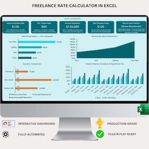 Freelance Rate Calculator Excel Template | Hourly Pricing with Tax, Overhead & Benchmark | Self-Employed Spreadsheet