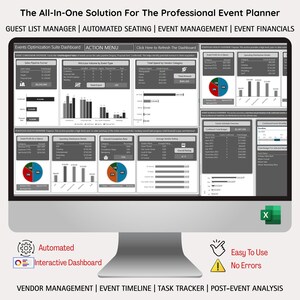 May include: A computer monitor displaying a dashboard with charts and data, designed for event planning. Text on the screen includes "Guest List Manager," "Automated Seating," and "Event Management." Additional text: "Automated," "Interactive Dashboard," "Easy To Use," and "No Errors."