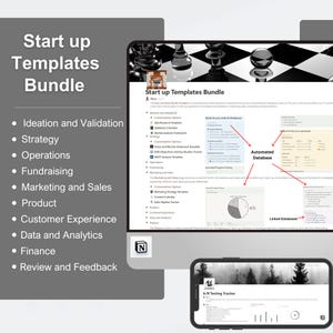 May include: A computer screen displaying a Notion template bundle for starting a business. The template includes sections for ideation, validation, strategy, operations, fundraising, marketing and sales, product, customer experience, data and analytics, finance, and review and feedback. The screen also shows a phone with a Notion template for A/B testing.