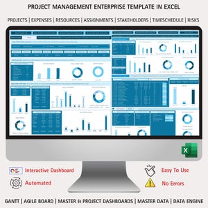 May include: A computer monitor displaying a project management template in Excel. The screen shows various charts and data visualizations in shades of blue and white. Text at the top reads "PROJECT MANAGEMENT ENTERPRISE TEMPLATE IN EXCEL". Additional text includes "Interactive Dashboard", "Automated", "Easy To Use", and "No Errors".