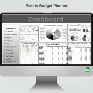 Könnte beinhalten: Ein Computerbildschirm zeigt eine Tabellenkalkulation mit einem Dashboard für einen Event-Budgetplaner. Das Dashboard enthält ein Kreisdiagramm, das die Nettoeinsparungen für jede Kategorie zeigt, eine Tabelle mit den Ausgabenkategorien und eine Tabelle, die die budgetierten Ausgaben mit den tatsächlichen Ausgaben vergleicht.